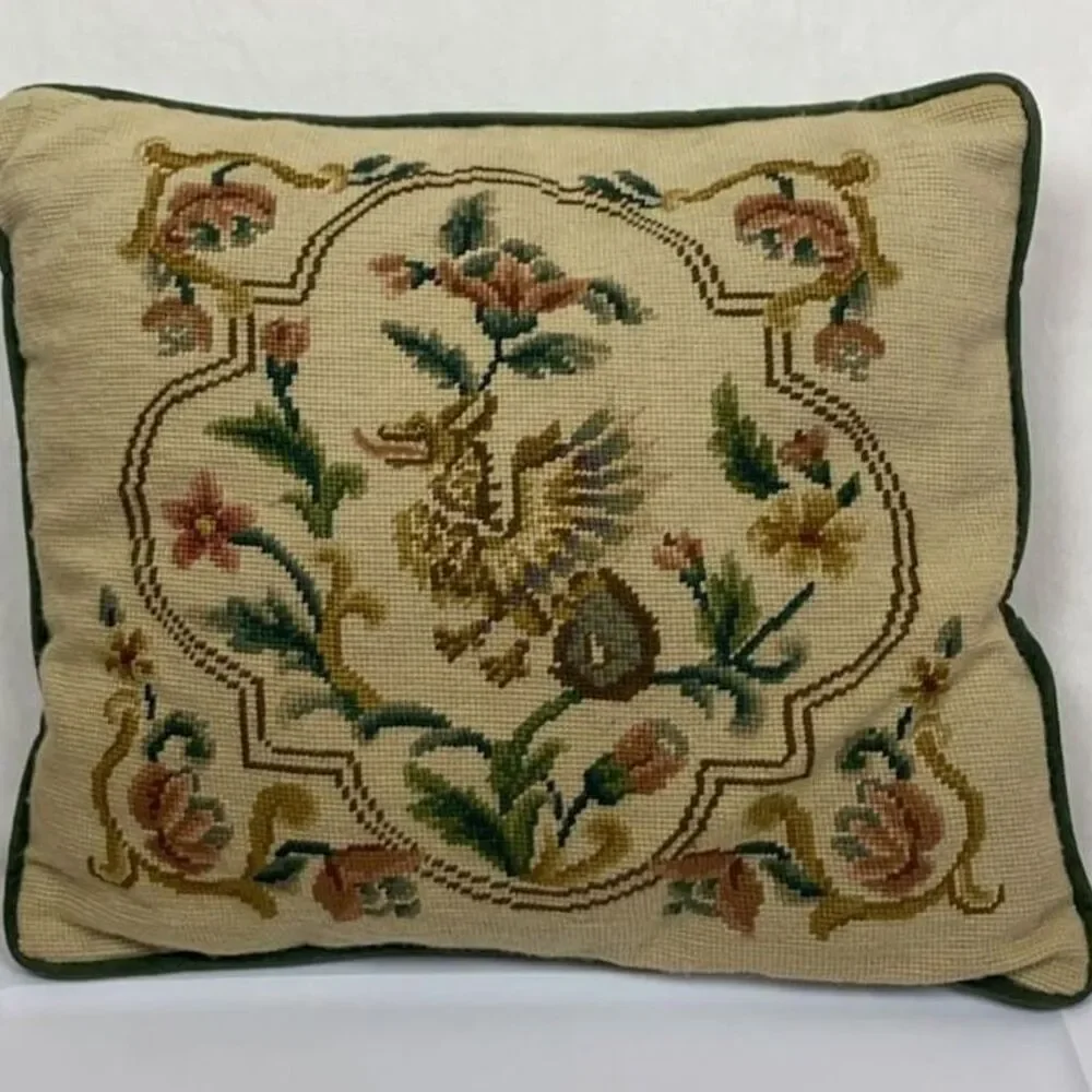 Vintage Needlepoint Griffin Floral Throw Pillow 16 x 18